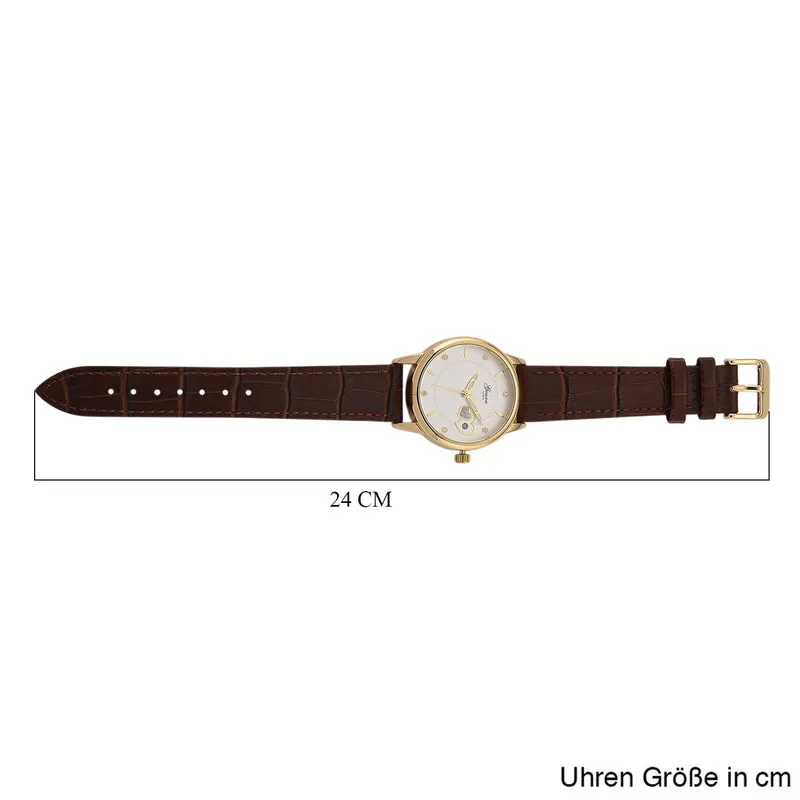 GENOA - Automatik-Armbanduhr mit Herz-Design und Datumsanzeige, Dandong-Uhrwerk, Weißes Zifferblatt, Goldfarben, Brauners Lederarmband, 36 mm