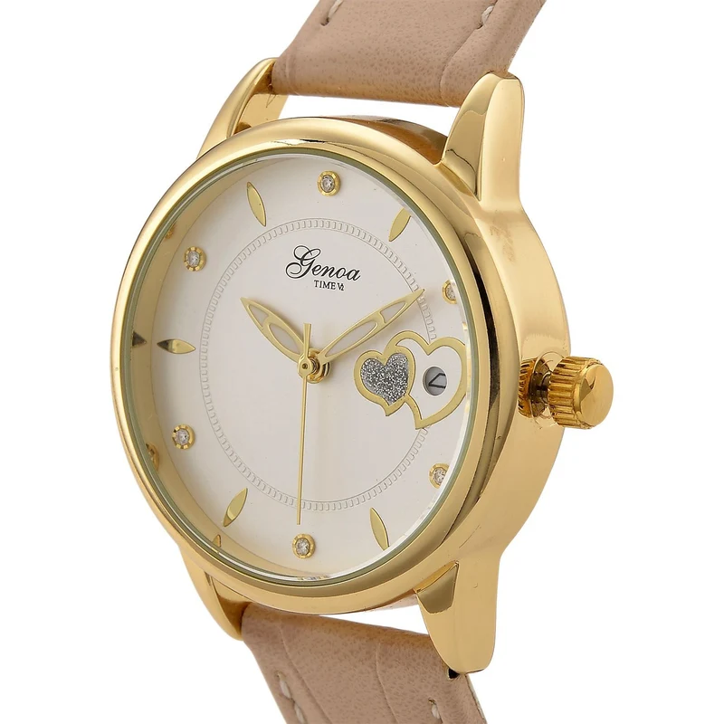 GENOA - Automatik-Armbanduhr mit Herz-Design und Datumsanzeige, Dandong-Uhrwerk, Weißes Zifferblatt, Goldfarben, Brauners Lederarmband, 36 mm