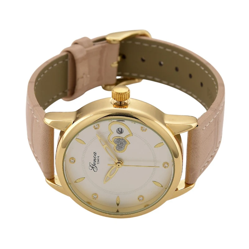 GENOA - Automatik-Armbanduhr mit Herz-Design und Datumsanzeige, Dandong-Uhrwerk, Weißes Zifferblatt, Goldfarben, Brauners Lederarmband, 36 mm