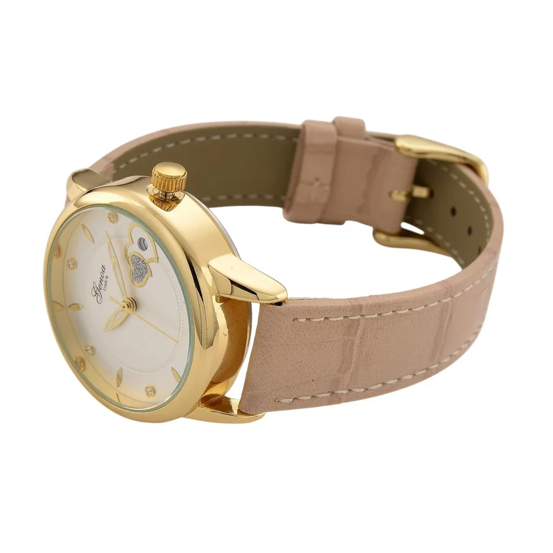 GENOA - Automatik-Armbanduhr mit Herz-Design und Datumsanzeige, Dandong-Uhrwerk, Weißes Zifferblatt, Goldfarben, Brauners Lederarmband, 36 mm