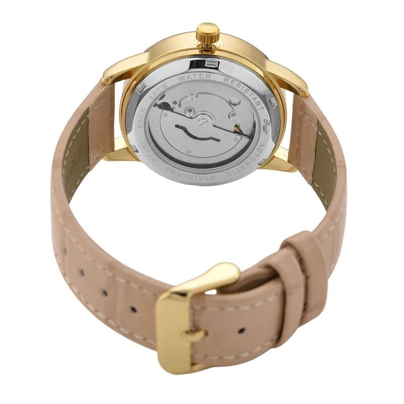 GENOA - Automatik-Armbanduhr mit Herz-Design und Datumsanzeige, Dandong-Uhrwerk, Weißes Zifferblatt, Goldfarben, Brauners Lederarmband, 36 mm