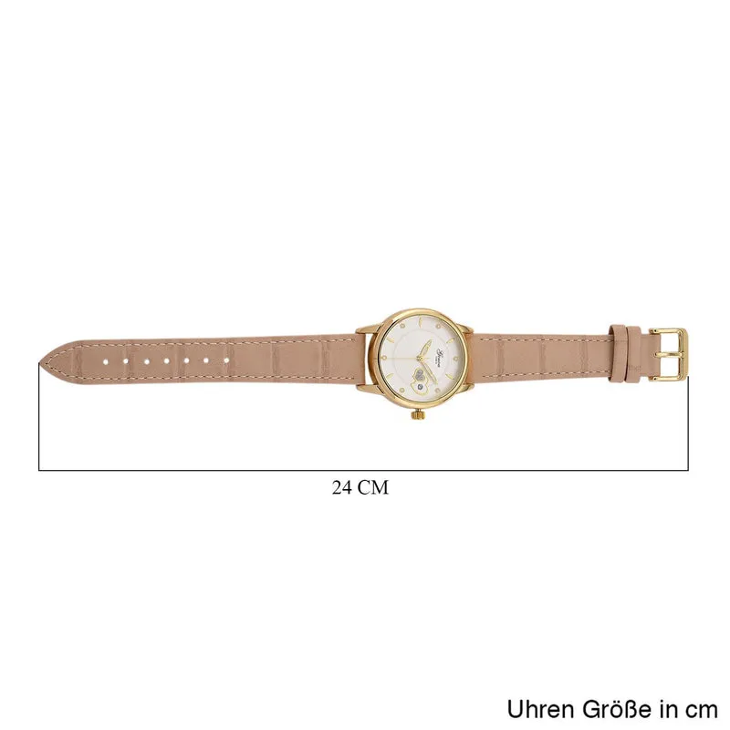 GENOA - Automatik-Armbanduhr mit Herz-Design und Datumsanzeige, Dandong-Uhrwerk, Weißes Zifferblatt, Goldfarben, Brauners Lederarmband, 36 mm