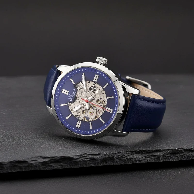 GENOA TIME V2 Automatikuhr mit mechanischem Automatikwerk, Zifferblatt weiß mit Sonnenschliff und offenem Design, Lederarmband Braun, 3 ATM wasserdicht