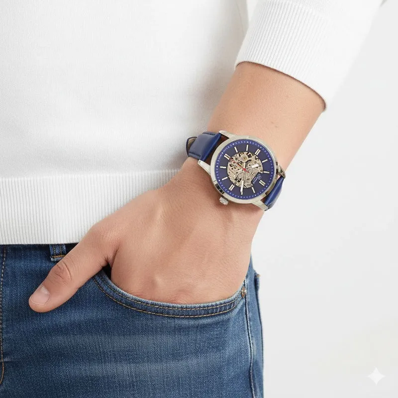 GENOA TIME V2 Automatikuhr mit mechanischem Automatikwerk, Zifferblatt weiß mit Sonnenschliff und offenem Design, Lederarmband Braun, 3 ATM wasserdicht