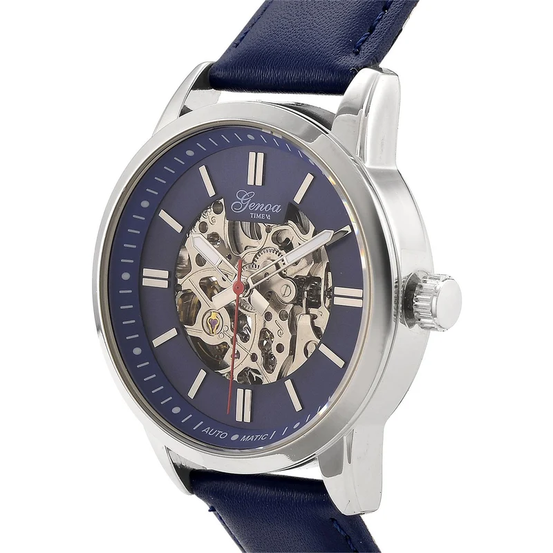 GENOA TIME V2 Automatikuhr mit mechanischem Automatikwerk, Zifferblatt weiß mit Sonnenschliff und offenem Design, Lederarmband Braun, 3 ATM wasserdicht