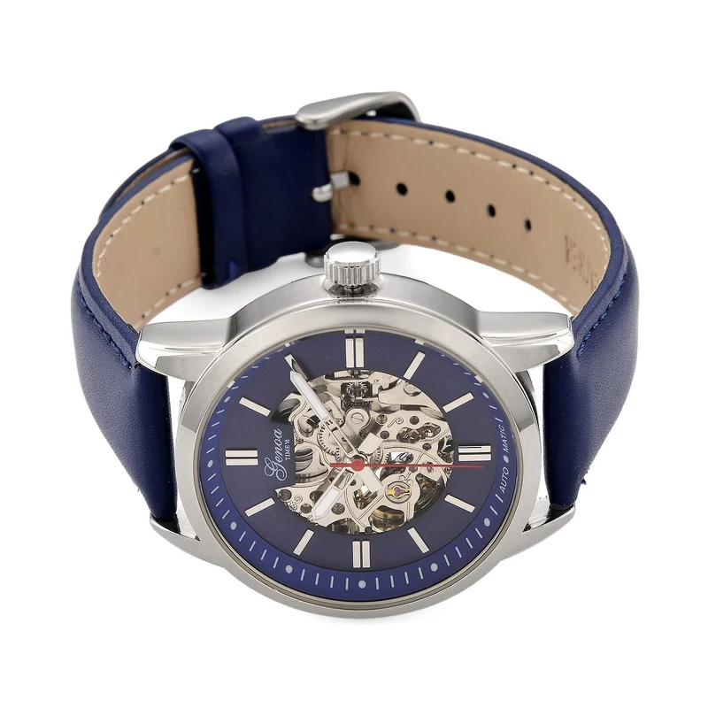 GENOA TIME V2 Automatikuhr mit mechanischem Automatikwerk, Zifferblatt weiß mit Sonnenschliff und offenem Design, Lederarmband Braun, 3 ATM wasserdicht