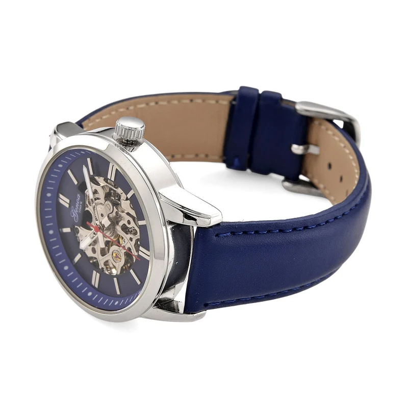 GENOA TIME V2 Automatikuhr mit mechanischem Automatikwerk, Zifferblatt weiß mit Sonnenschliff und offenem Design, Lederarmband Braun, 3 ATM wasserdicht