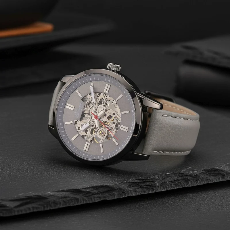 GENOA TIME V2 Automatikuhr mit mechanischem Automatikwerk, Zifferblatt weiß mit Sonnenschliff und offenem Design, Lederarmband Braun, 3 ATM wasserdicht