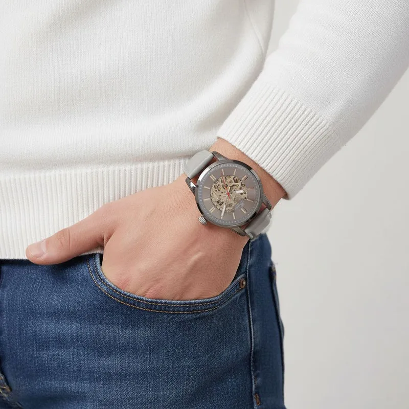 GENOA TIME V2 Automatikuhr mit mechanischem Automatikwerk, Zifferblatt weiß mit Sonnenschliff und offenem Design, Lederarmband Braun, 3 ATM wasserdicht