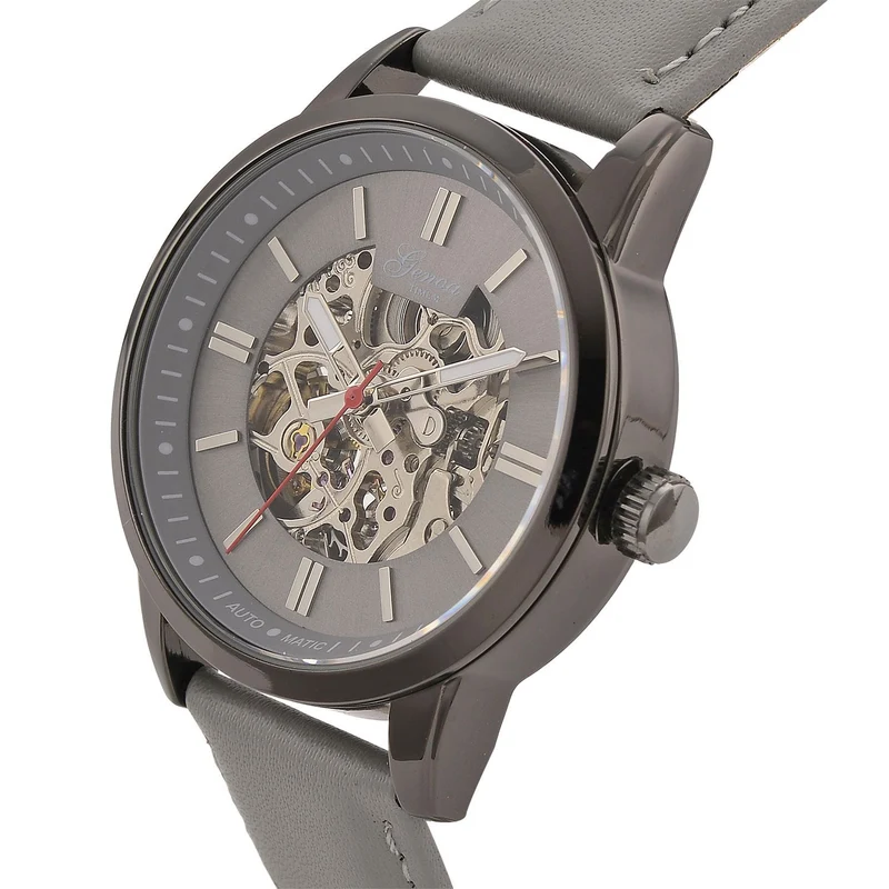 GENOA TIME V2 Automatikuhr mit mechanischem Automatikwerk, Zifferblatt weiß mit Sonnenschliff und offenem Design, Lederarmband Braun, 3 ATM wasserdicht