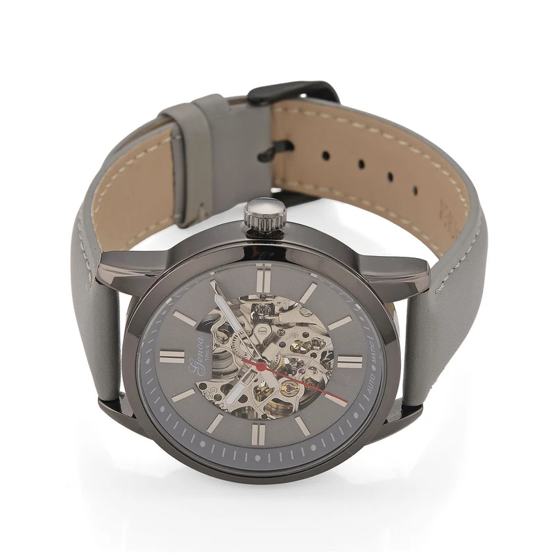 GENOA TIME V2 Automatikuhr mit mechanischem Automatikwerk, Zifferblatt weiß mit Sonnenschliff und offenem Design, Lederarmband Braun, 3 ATM wasserdicht