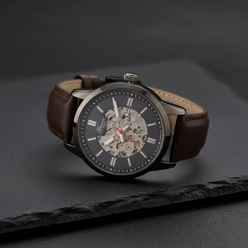 GENOA TIME V2 Automatikuhr mit mechanischem Automatikwerk, Zifferblatt weiß mit Sonnenschliff und offenem Design, Lederarmband Braun, 3 ATM wasserdicht