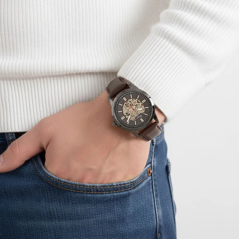 GENOA TIME V2 Automatikuhr mit mechanischem Automatikwerk, Zifferblatt weiß mit Sonnenschliff und offenem Design, Lederarmband Braun, 3 ATM wasserdicht