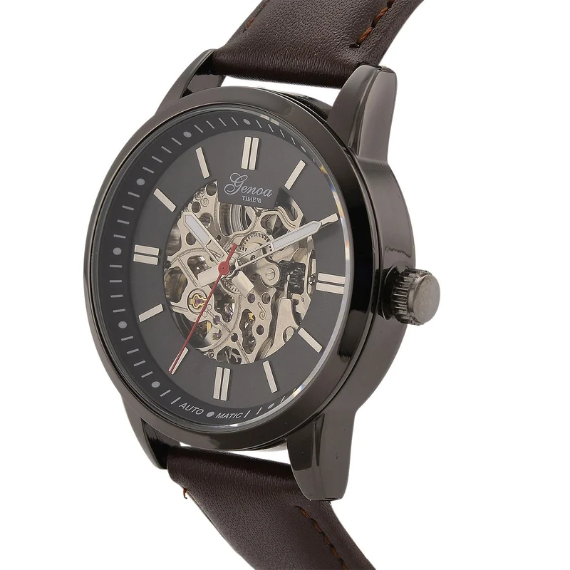 GENOA TIME V2 Automatikuhr mit mechanischem Automatikwerk, Zifferblatt weiß mit Sonnenschliff und offenem Design, Lederarmband Braun, 3 ATM wasserdicht