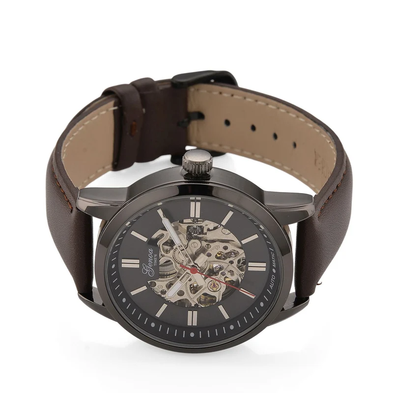 GENOA TIME V2 Automatikuhr mit mechanischem Automatikwerk, Zifferblatt weiß mit Sonnenschliff und offenem Design, Lederarmband Braun, 3 ATM wasserdicht