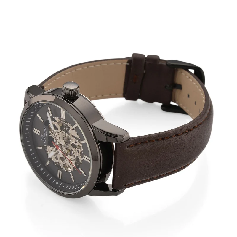 GENOA TIME V2 Automatikuhr mit mechanischem Automatikwerk, Zifferblatt weiß mit Sonnenschliff und offenem Design, Lederarmband Braun, 3 ATM wasserdicht