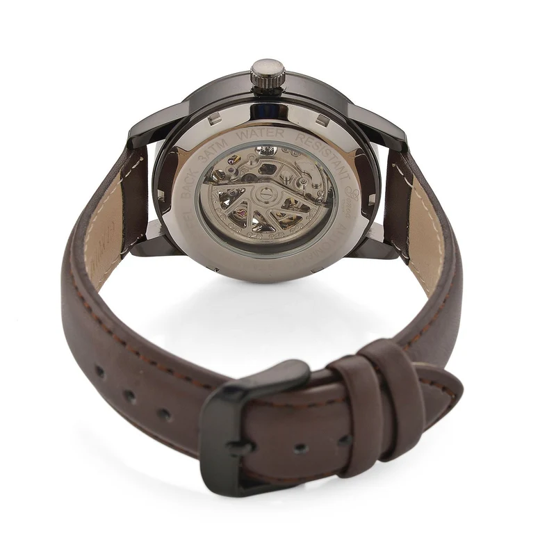 GENOA TIME V2 Automatikuhr mit mechanischem Automatikwerk, Zifferblatt weiß mit Sonnenschliff und offenem Design, Lederarmband Braun, 3 ATM wasserdicht