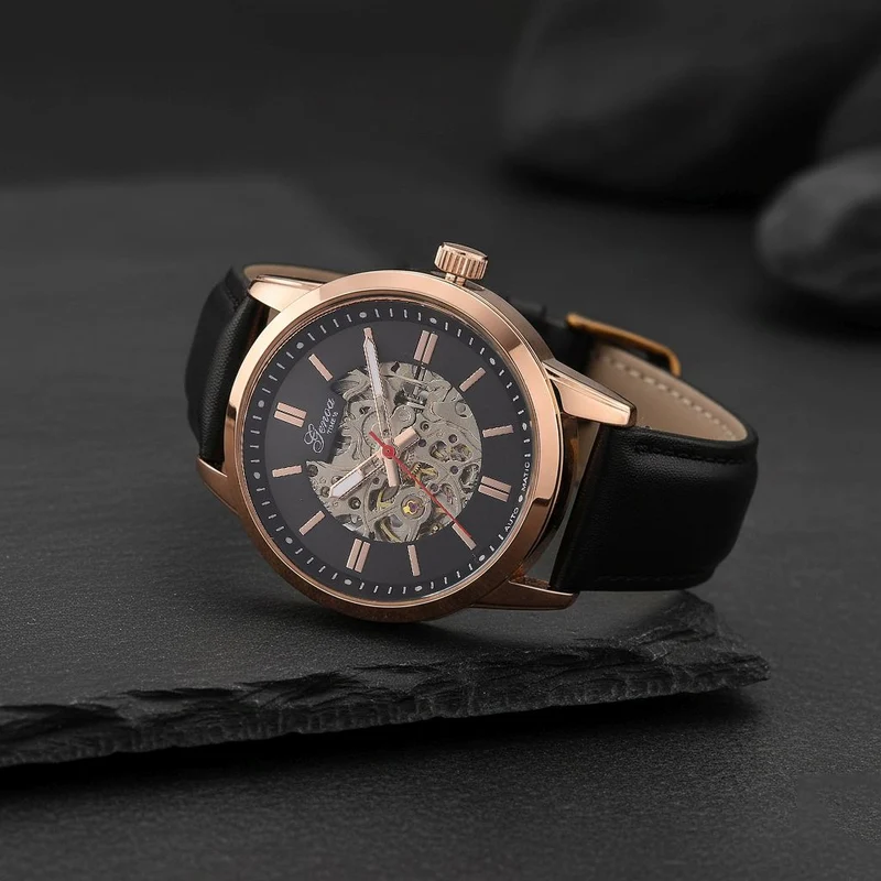 GENOA TIME V2 Automatikuhr mit mechanischem Automatikwerk, Zifferblatt weiß mit Sonnenschliff und offenem Design, Lederarmband Braun, 3 ATM wasserdicht