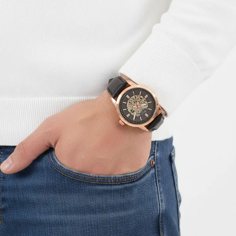 GENOA TIME V2 Automatikuhr mit mechanischem Automatikwerk, Zifferblatt weiß mit Sonnenschliff und offenem Design, Lederarmband Braun, 3 ATM wasserdicht