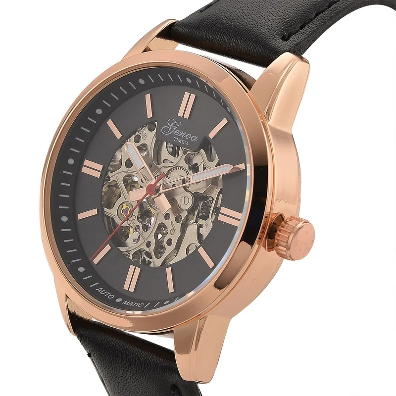GENOA TIME V2 Automatikuhr mit mechanischem Automatikwerk, Zifferblatt weiß mit Sonnenschliff und offenem Design, Lederarmband Braun, 3 ATM wasserdicht