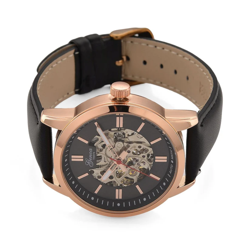 GENOA TIME V2 Automatikuhr mit mechanischem Automatikwerk, Zifferblatt weiß mit Sonnenschliff und offenem Design, Lederarmband Braun, 3 ATM wasserdicht