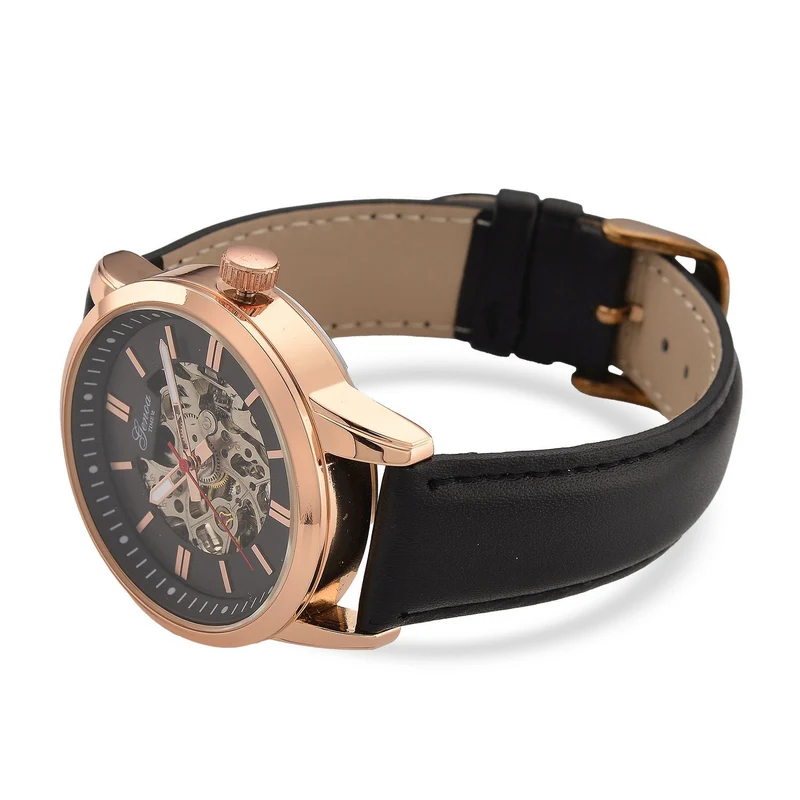 GENOA TIME V2 Automatikuhr mit mechanischem Automatikwerk, Zifferblatt weiß mit Sonnenschliff und offenem Design, Lederarmband Braun, 3 ATM wasserdicht