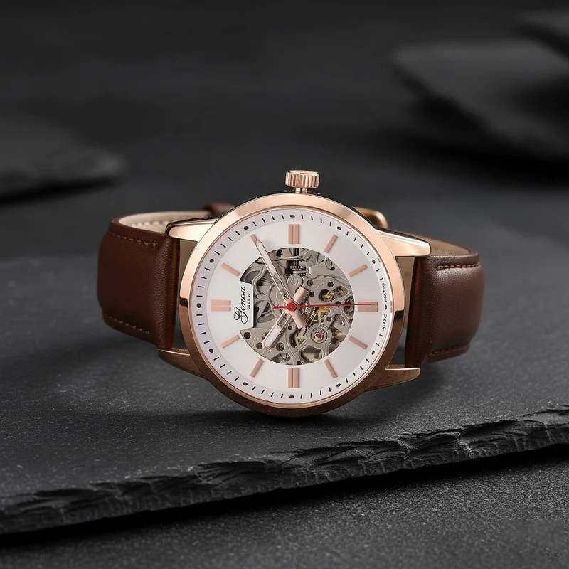 GENOA TIME V2 Automatikuhr mit mechanischem Automatikwerk, Zifferblatt weiß mit Sonnenschliff und offenem Design, Lederarmband Braun, 3 ATM wasserdicht