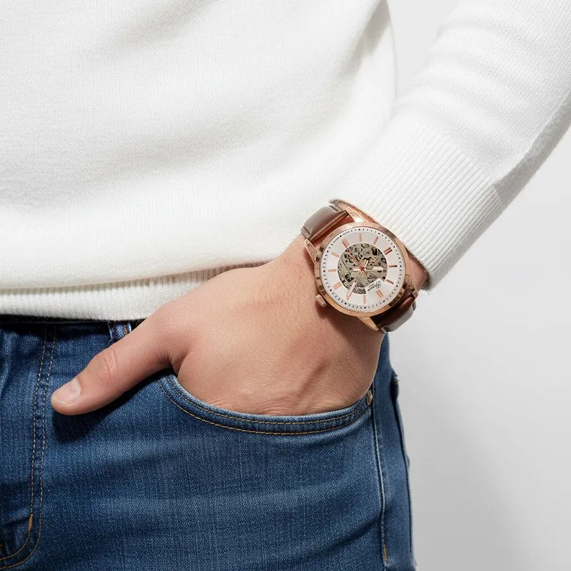 GENOA TIME V2 Automatikuhr mit mechanischem Automatikwerk, Zifferblatt weiß mit Sonnenschliff und offenem Design, Lederarmband Braun, 3 ATM wasserdicht