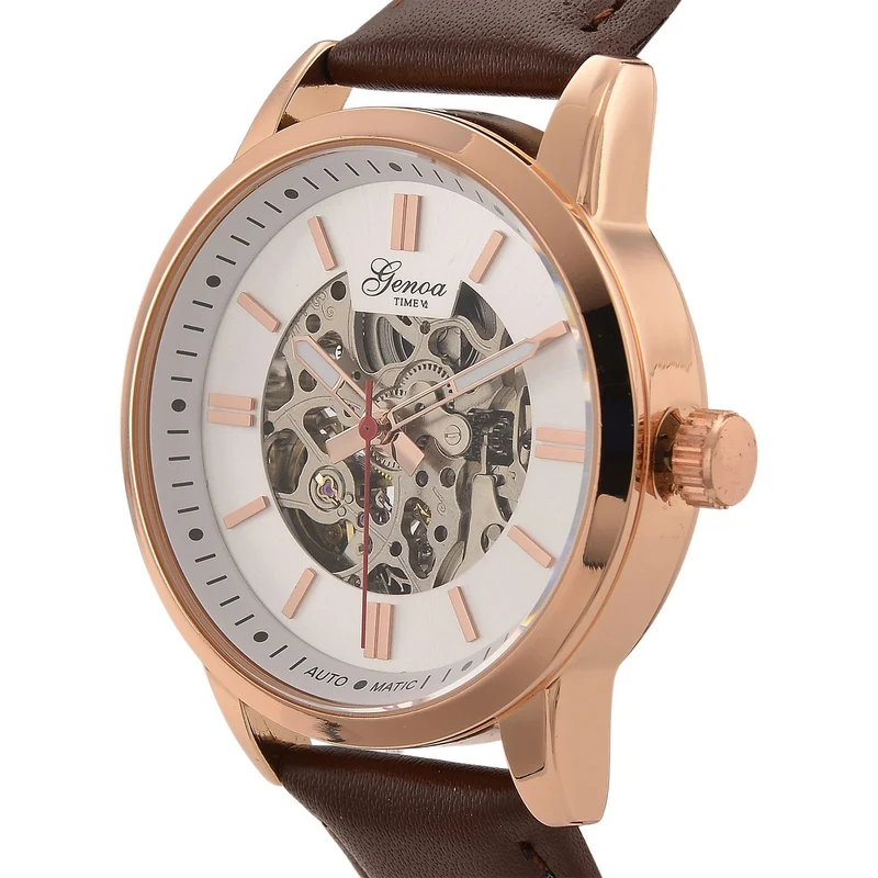 GENOA TIME V2 Automatikuhr mit mechanischem Automatikwerk, Zifferblatt weiß mit Sonnenschliff und offenem Design, Lederarmband Braun, 3 ATM wasserdicht