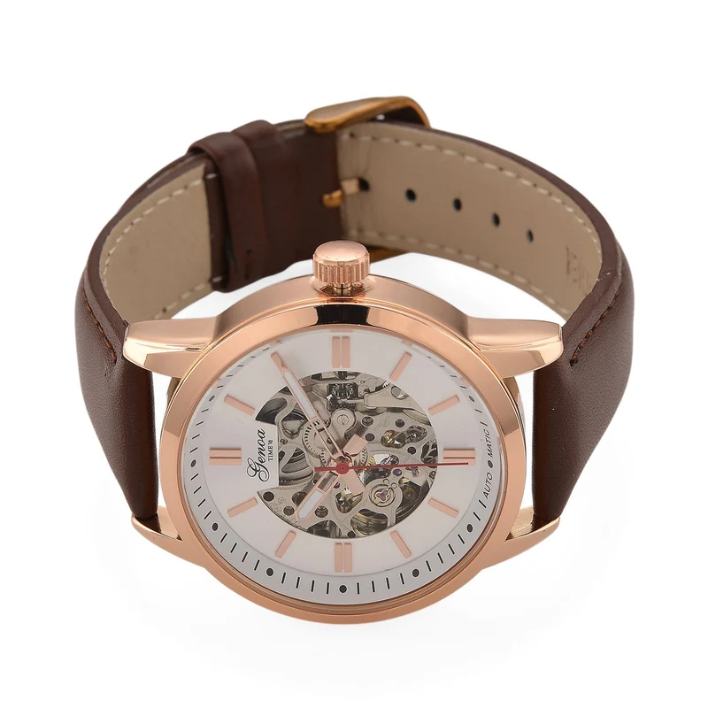 GENOA TIME V2 Automatikuhr mit mechanischem Automatikwerk, Zifferblatt weiß mit Sonnenschliff und offenem Design, Lederarmband Braun, 3 ATM wasserdicht