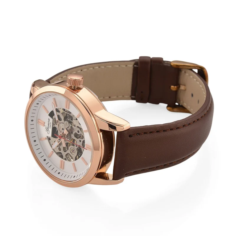 GENOA TIME V2 Automatikuhr mit mechanischem Automatikwerk, Zifferblatt weiß mit Sonnenschliff und offenem Design, Lederarmband Braun, 3 ATM wasserdicht