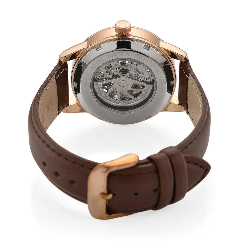 GENOA TIME V2 Automatikuhr mit mechanischem Automatikwerk, Zifferblatt weiß mit Sonnenschliff und offenem Design, Lederarmband Braun, 3 ATM wasserdicht