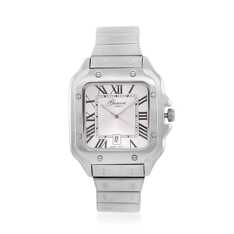 GENOA - Elegante Japan-Uhr mit Datumsfunktion, IPS-versilbertem Gehäuse, römischen Ziffern, Edelstahlarmband, 3 ATM Wasserdichtigkeit, 20 cm