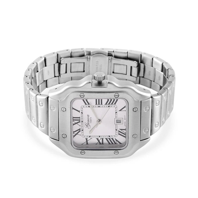 GENOA - Elegante Japan-Uhr mit Datumsfunktion, IPS-versilbertem Gehäuse, römischen Ziffern, Edelstahlarmband, 3 ATM Wasserdichtigkeit, 20 cm