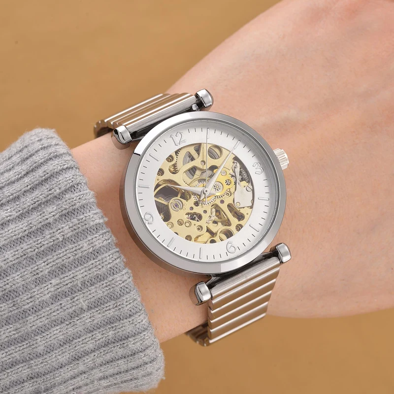 GENOA TIME V2 Automatik-Mechanische Uhr, Edelstahlarmband, Weißes Zifferblatt mit Sonnenschein-Design, 3ATM Wasserdicht, 22 cm, gelb