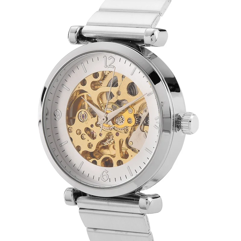 GENOA TIME V2 Automatik-Mechanische Uhr, Edelstahlarmband, Weißes Zifferblatt mit Sonnenschein-Design, 3ATM Wasserdicht, 22 cm, gelb