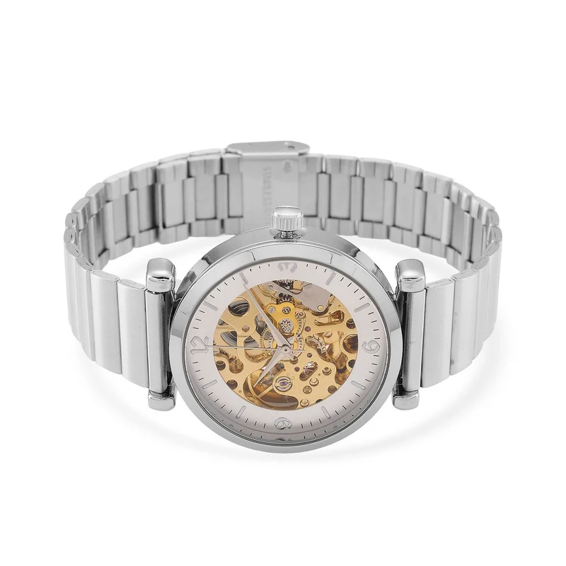 GENOA TIME V2 Automatik-Mechanische Uhr, Edelstahlarmband, Weißes Zifferblatt mit Sonnenschein-Design, 3ATM Wasserdicht, 22 cm, gelb