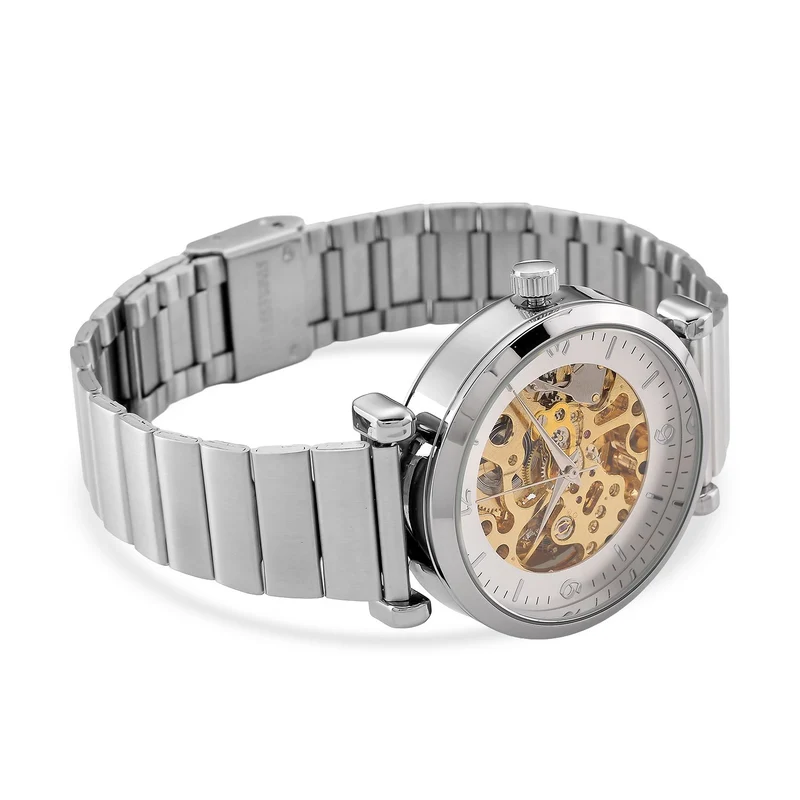 GENOA TIME V2 Automatik-Mechanische Uhr, Edelstahlarmband, Weißes Zifferblatt mit Sonnenschein-Design, 3ATM Wasserdicht, 22 cm, gelb