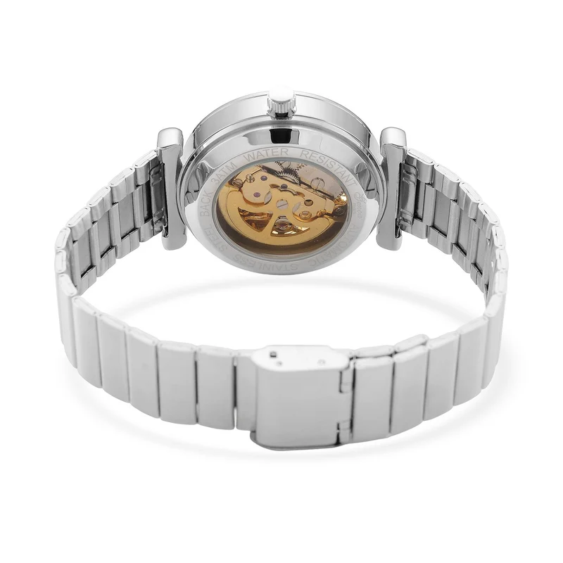 GENOA TIME V2 Automatik-Mechanische Uhr, Edelstahlarmband, Weißes Zifferblatt mit Sonnenschein-Design, 3ATM Wasserdicht, 22 cm, gelb