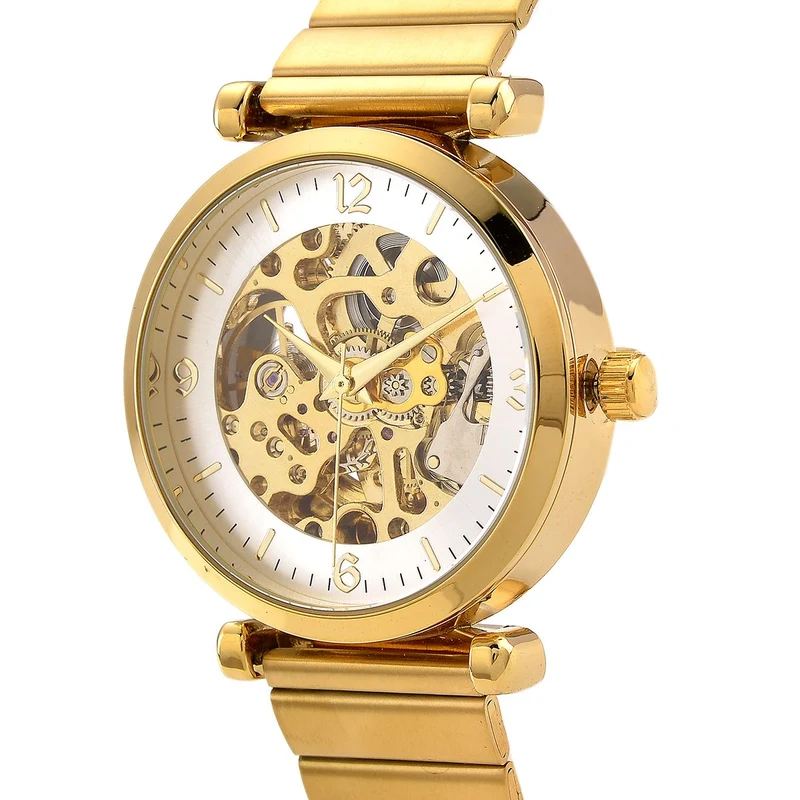 GENOA TIME V2 Automatik-Mechanische Uhr, Edelstahlarmband, Weißes Zifferblatt mit Sonnenschein-Design, 3ATM Wasserdicht, 22 cm, gelb