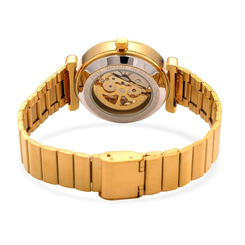 GENOA TIME V2 Automatik-Mechanische Uhr, Edelstahlarmband, Weißes Zifferblatt mit Sonnenschein-Design, 3ATM Wasserdicht, 22 cm, gelb