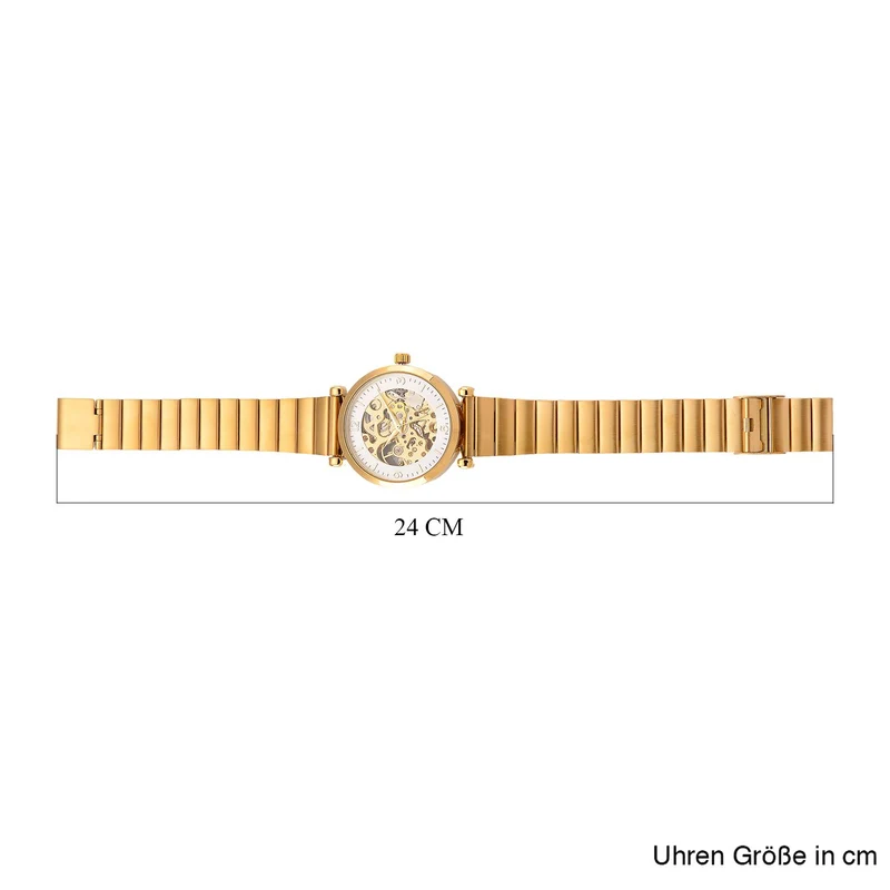 GENOA TIME V2 Automatik-Mechanische Uhr, Edelstahlarmband, Weißes Zifferblatt mit Sonnenschein-Design, 3ATM Wasserdicht, 22 cm, gelb