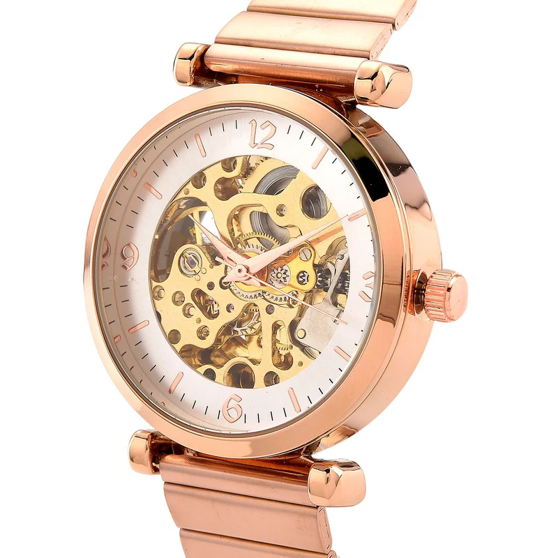 GENOA TIME V2 Automatik-Mechanische Uhr, Edelstahlarmband, Weißes Zifferblatt mit Sonnenschein-Design, 3ATM Wasserdicht, 22 cm, gelb