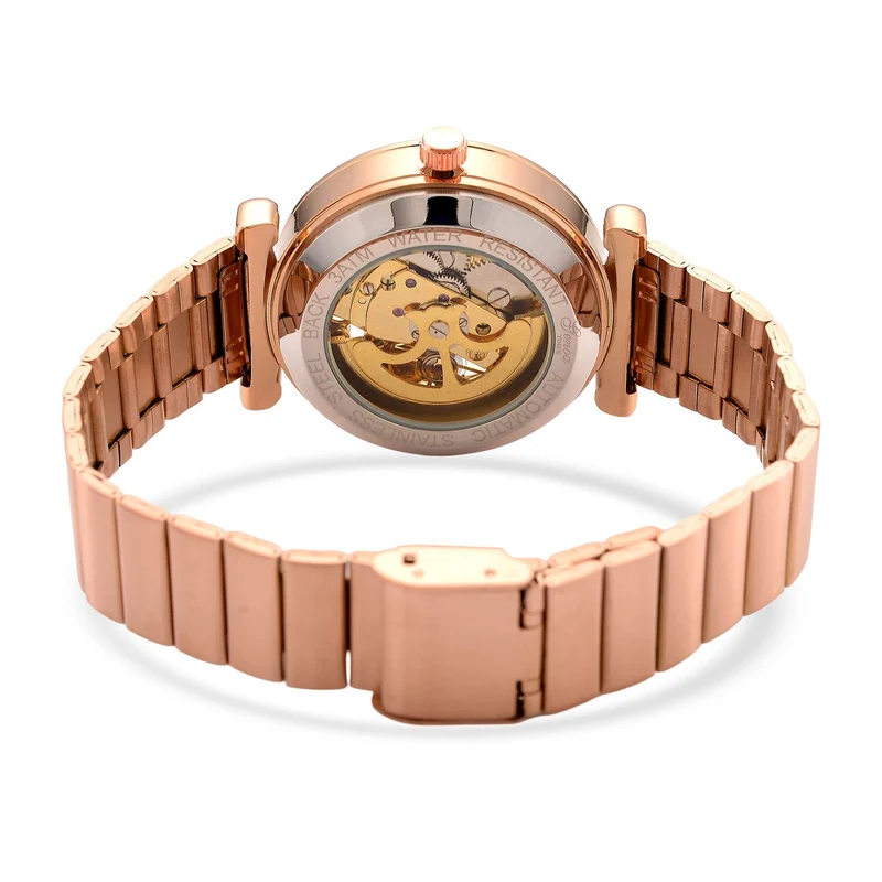 GENOA TIME V2 Automatik-Mechanische Uhr, Edelstahlarmband, Weißes Zifferblatt mit Sonnenschein-Design, 3ATM Wasserdicht, 22 cm, gelb