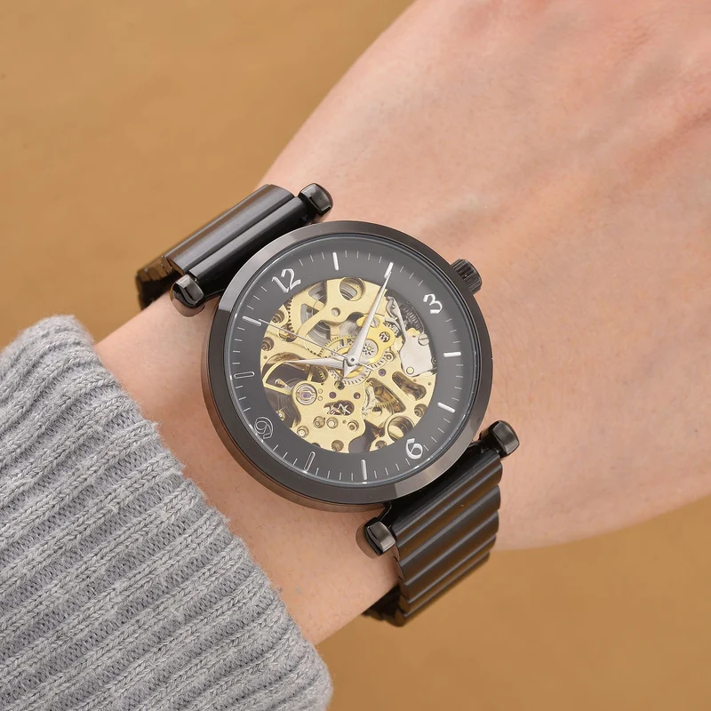 GENOA TIME V2 Automatik-Mechanische Uhr, Edelstahlarmband, Weißes Zifferblatt mit Sonnenschein-Design, 3ATM Wasserdicht, 22 cm, gelb