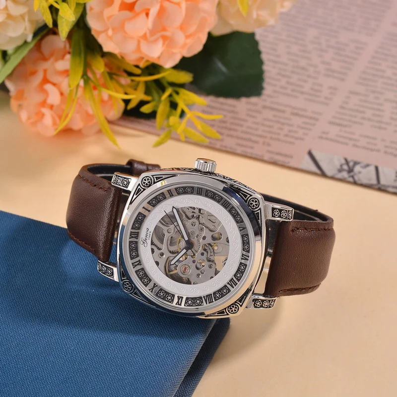 Genoa Time V2 Automatik-Uhr mit Schwarz Oxidiertem Graviertem Gehäuse und Braunem Lederarmband