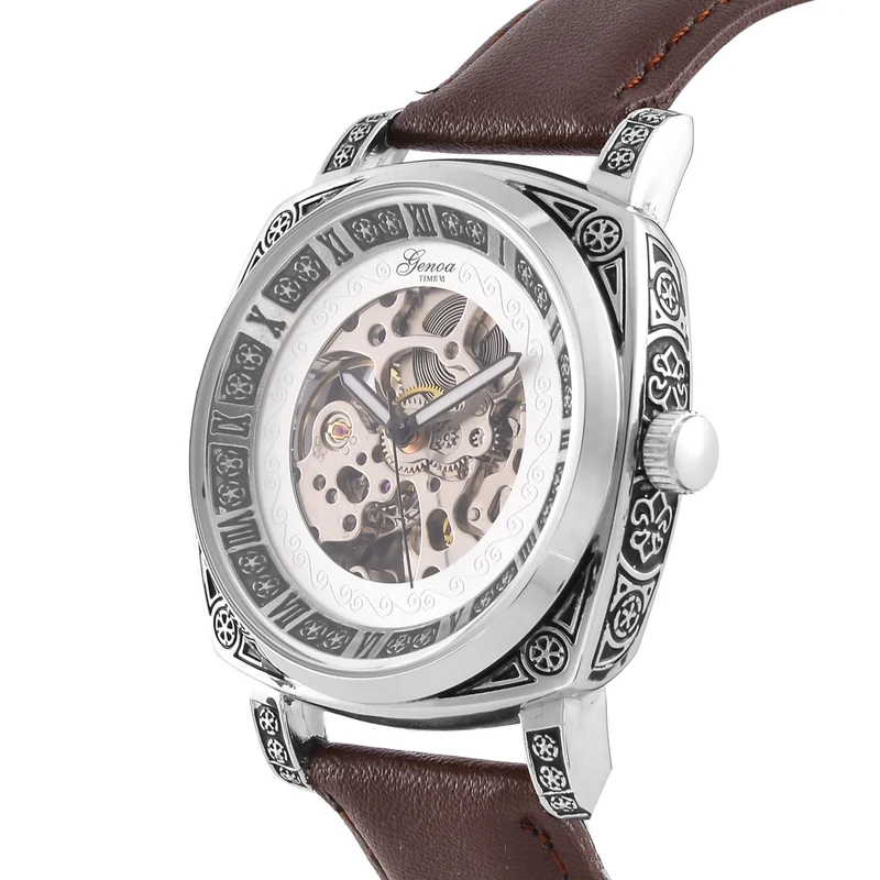 Genoa Time V2 Automatik-Uhr mit Schwarz Oxidiertem Graviertem Gehäuse und Braunem Lederarmband