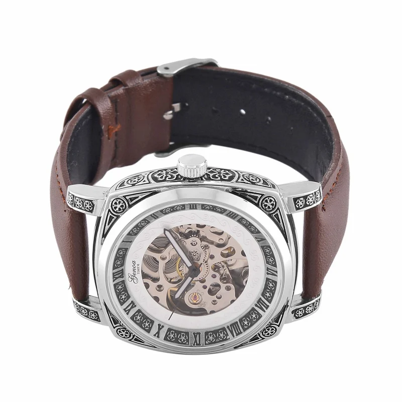 Genoa Time V2 Automatik-Uhr mit Schwarz Oxidiertem Graviertem Gehäuse und Braunem Lederarmband