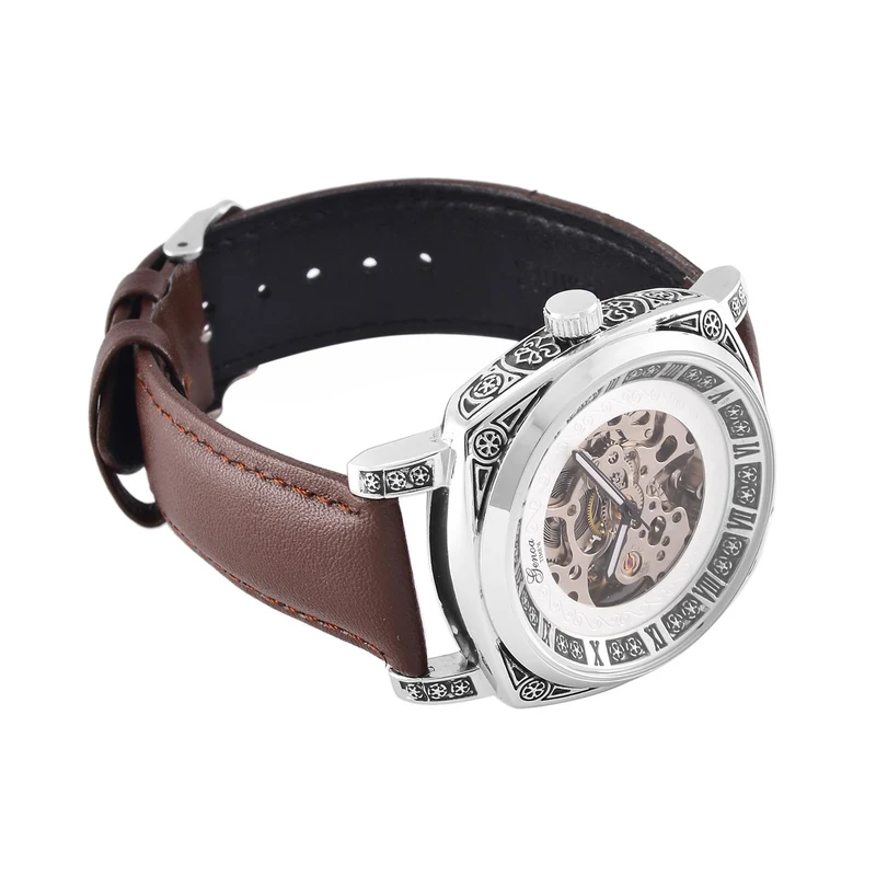 Genoa Time V2 Automatik-Uhr mit Schwarz Oxidiertem Graviertem Gehäuse und Braunem Lederarmband