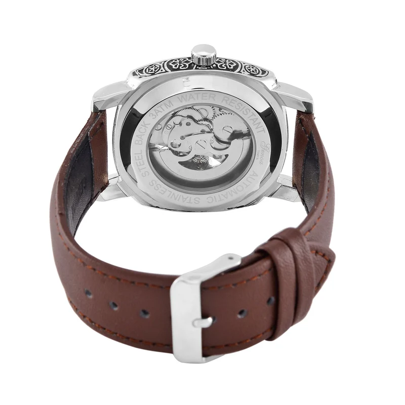 Genoa Time V2 Automatik-Uhr mit Schwarz Oxidiertem Graviertem Gehäuse und Braunem Lederarmband